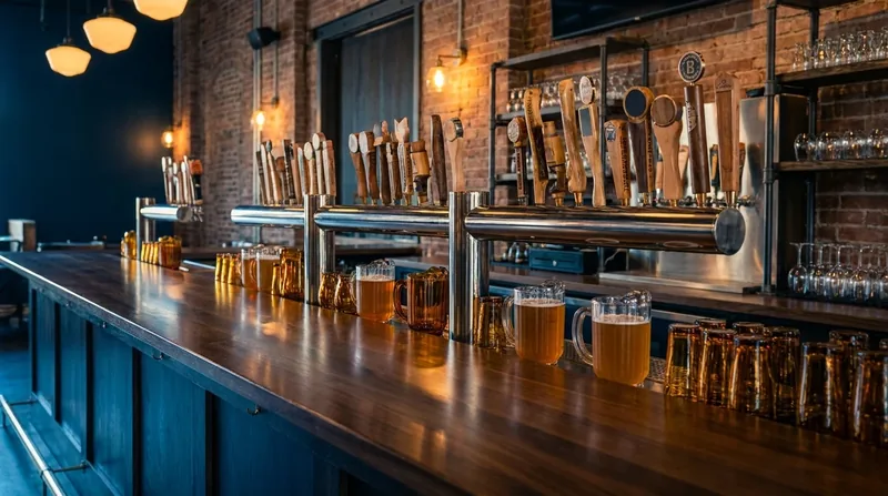 Tap handles and glassware on a polished bar, Utah Alcohol License