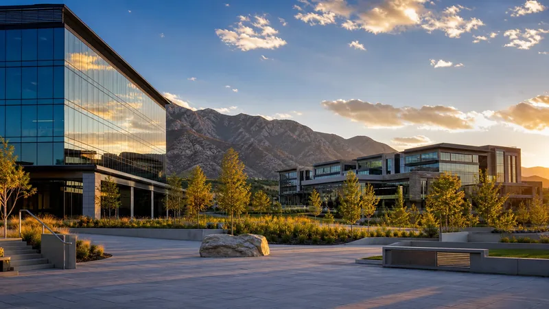 New suburban business park with glass office buildings and a mountain backdrop, Utah County Business License