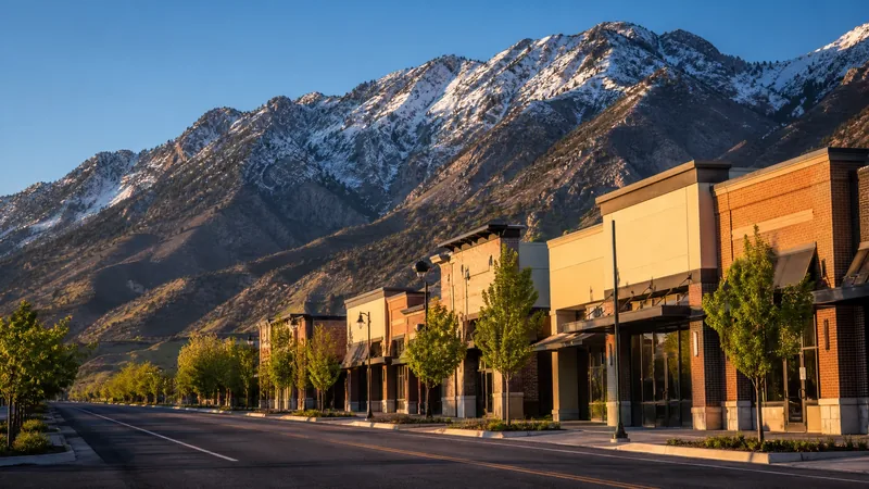 Suburban commercial street of low brick storefronts with the Wasatch mountains rising behind, Utah Business License Outside City Limits