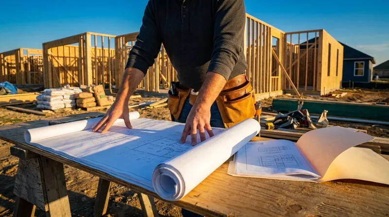 Contractor reviewing blueprints at a jobsite, How to Start an Electrician Business in Utah